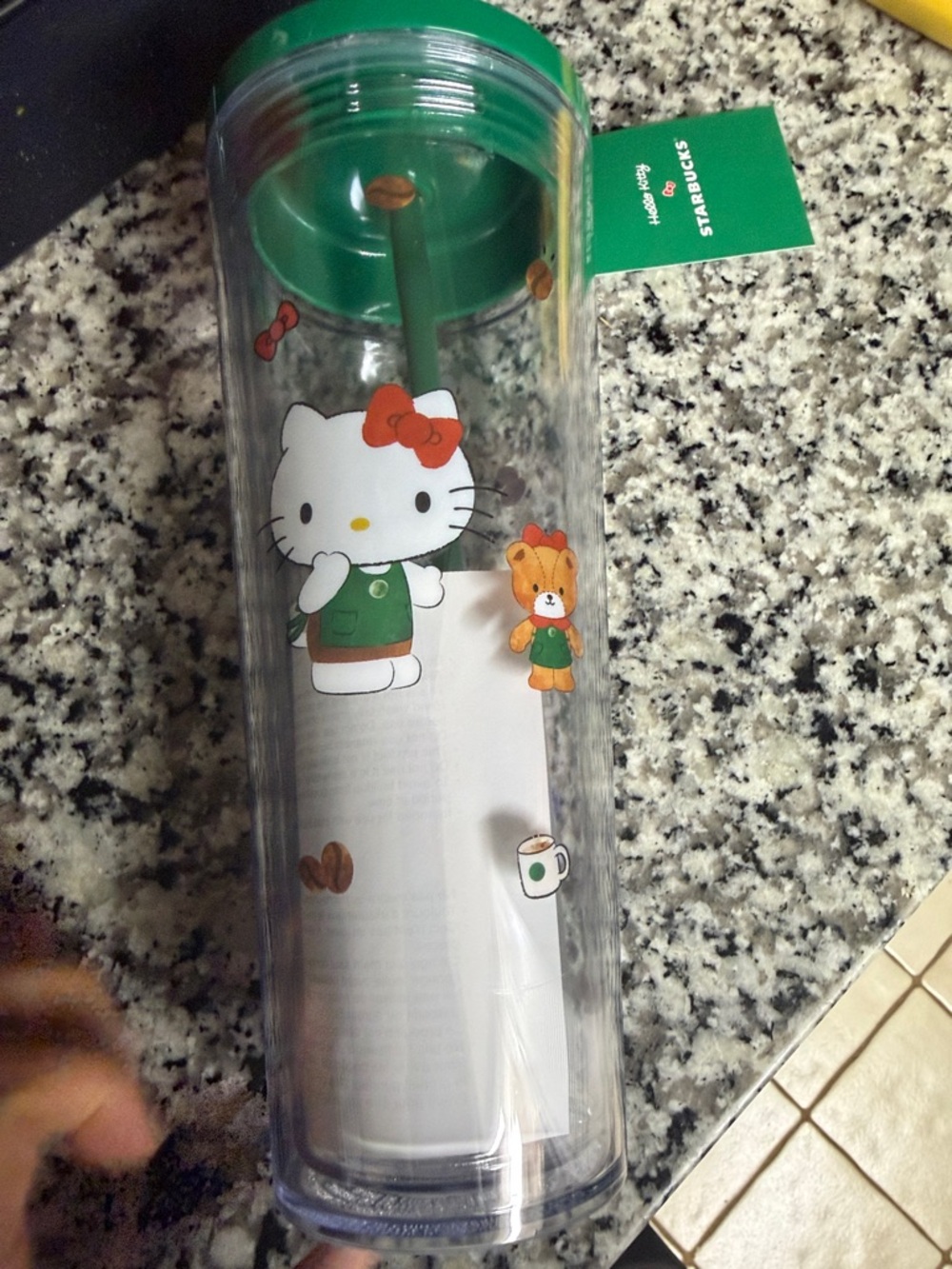 Starbucks Hello Kitty Clear Tumbler with Green Lid and Red Accents